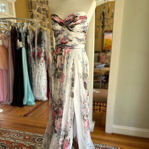 Sherri Hill Strapless Floral Chiffon Gown - Ruched Bodice & High Slit - Size 4